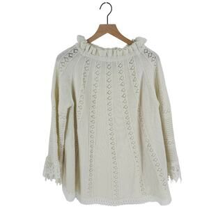 POL Ruffle Trim Rabbit Hair Wool Blend Sweater Beige Boho Cozy Size M Medium